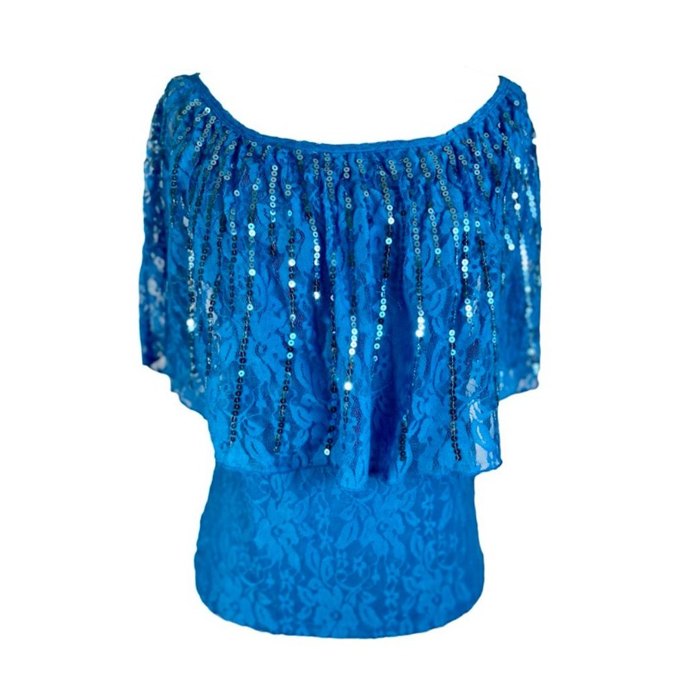 Blue Lace Top Cape Blouse Ruffle Sequin NWT